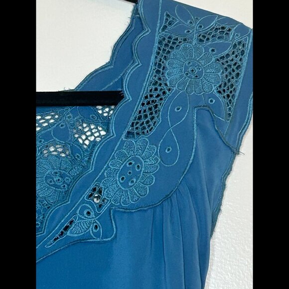 AKUALANI Boho Dusty Blue Turquoise Tieback Dress Scalloped Lace Neckline Size SM - Picture 2 of 6